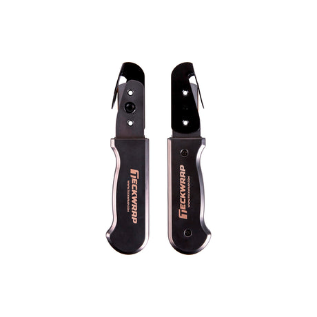 Two black pocket knives with visible branding on a white background