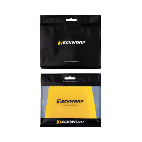 TeckWrap yellow squeegee duo with rounded corners packaged in a black and transparent resealable pouch – essential tool for smooth vinyl wrap applications.