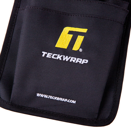 Close-up of the TeckWrap logo embroidery on the front pocket of the tool pouch.