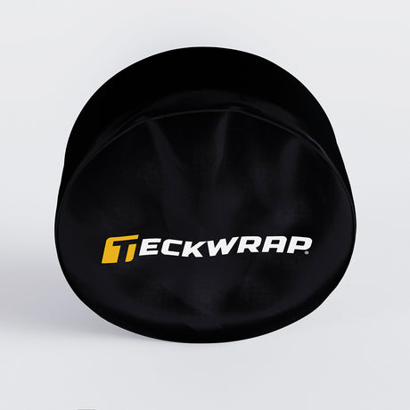 Top angle of TeckWrap wheel cover demonstrating full tire protection and branding