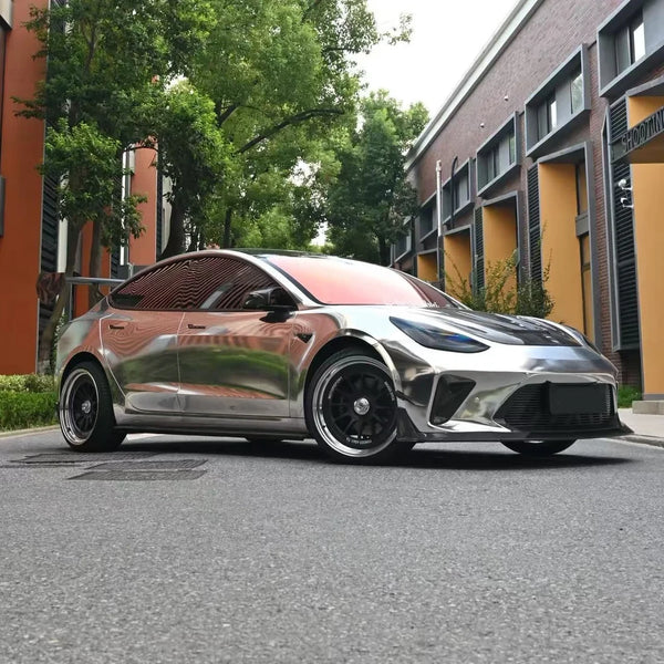 Mirror Chrome Jet Black wrap on a Tesla