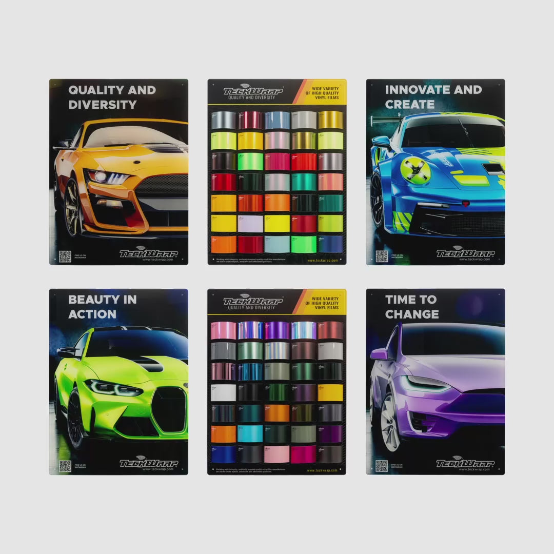 TeckWrap Display Set 2024 – car wrap vinyl film showcase with color charts and promotional posters featuring vibrant wrapped vehicles