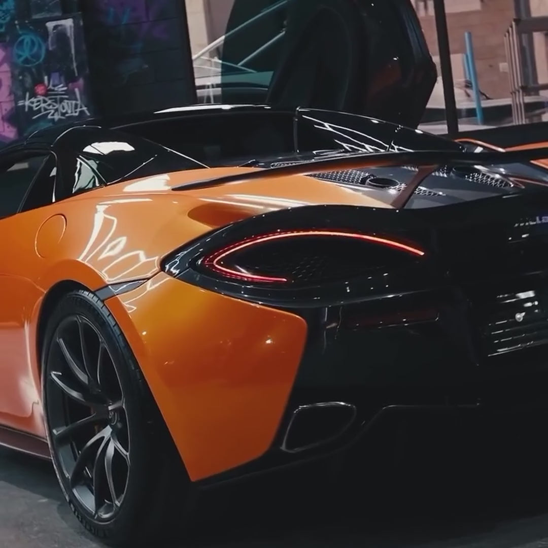 McLaren 570S Spider wrapped in TeckWrap Gloss Orange Deep Orange vinyl (RB19-HD), gloss orange finish — part 2 of 2