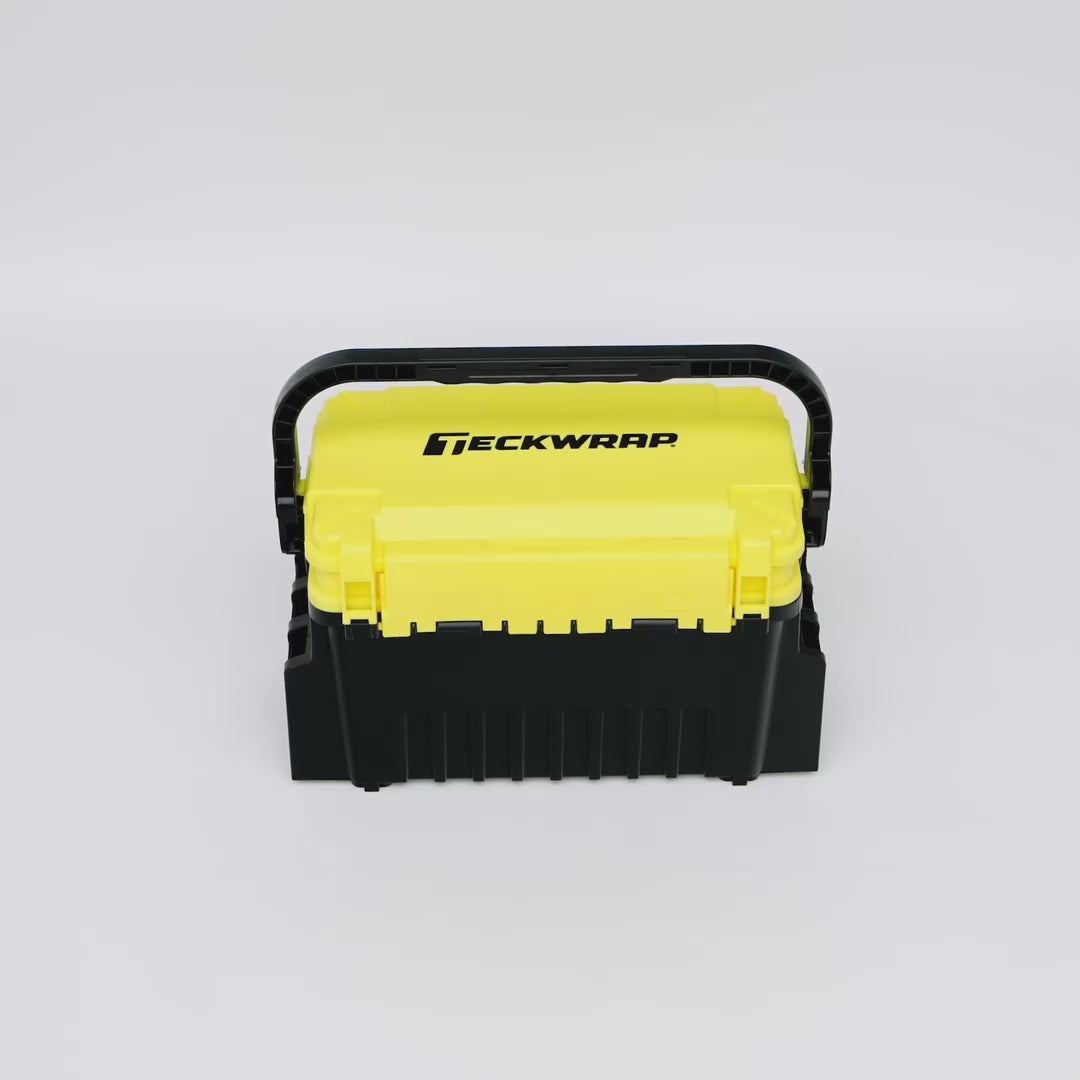 TeckWrap heavy-duty toolbox with yellow lid and customizable compartments – portable storage case for vinyl wrap tools and accessories