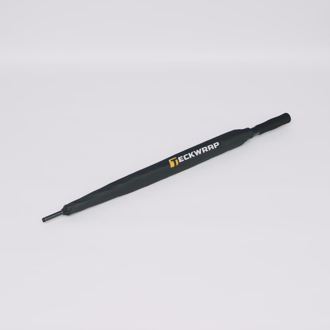 TeckWrap umbrella with black and yellow panels featuring branded logo and patterned design – durable rain and sun protection accessory