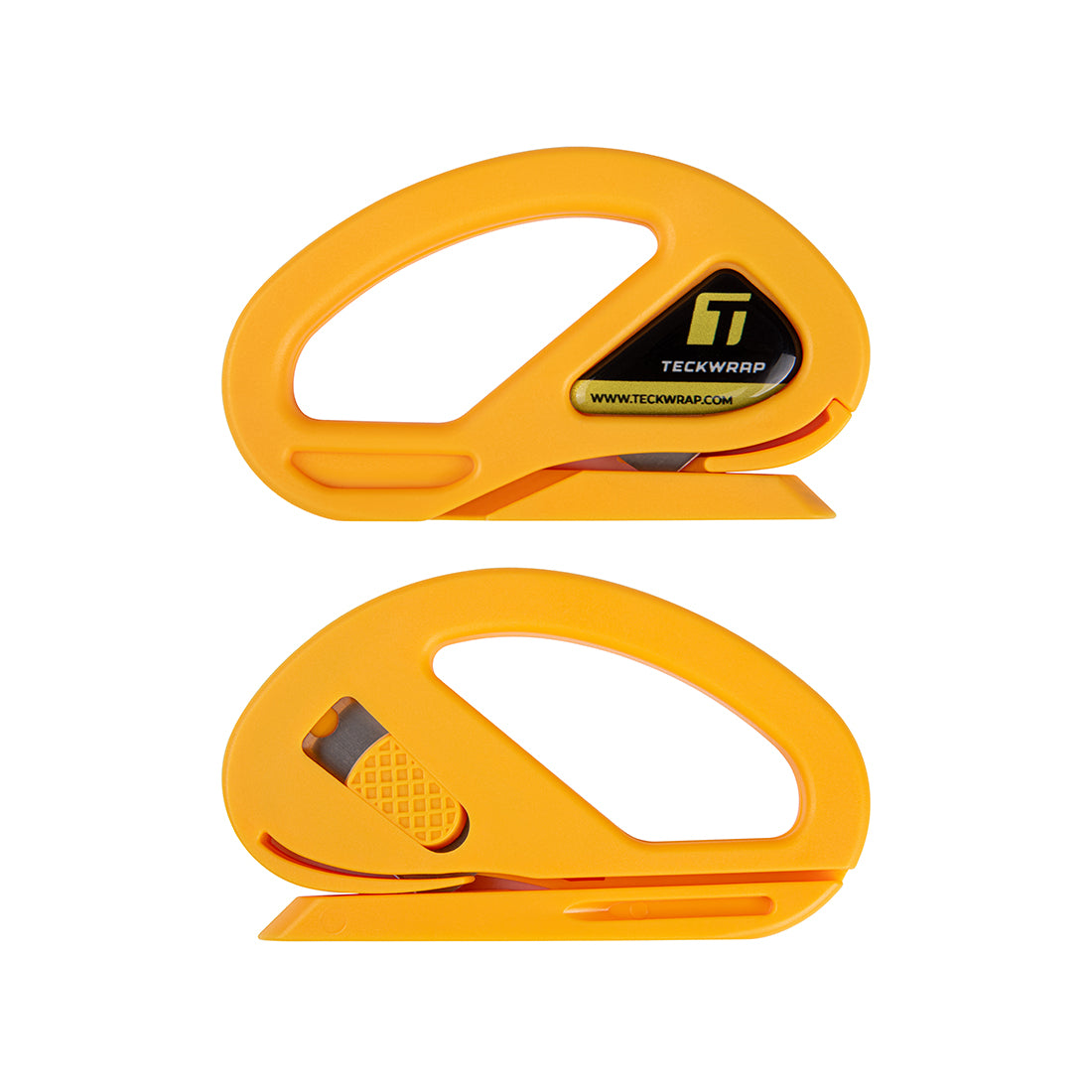 Front and back views of TeckWrap Safety Cutter highlighting ergonomic handle, safety blade compartment, and TeckWrap branding.