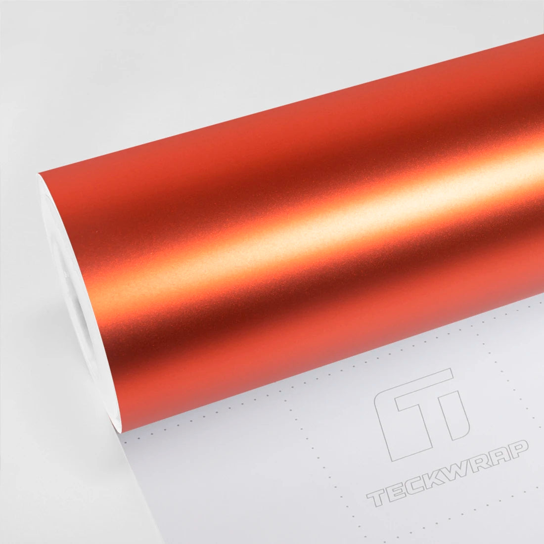 Satin Flame Orange Vinyl Wrap VCH418-M roll displayed on TeckWrap liner, showing a vivid burnt orange satin finish with a bright metallic highlight