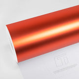 Satin Flame Orange Vinyl Wrap VCH418-M roll displayed on TeckWrap liner, showing a vivid burnt orange satin finish with a bright metallic highlight