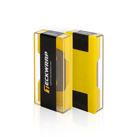 Side display of TeckWrap Custom Round Corner Blades 3-Hole cases with yellow holder and transparent shell