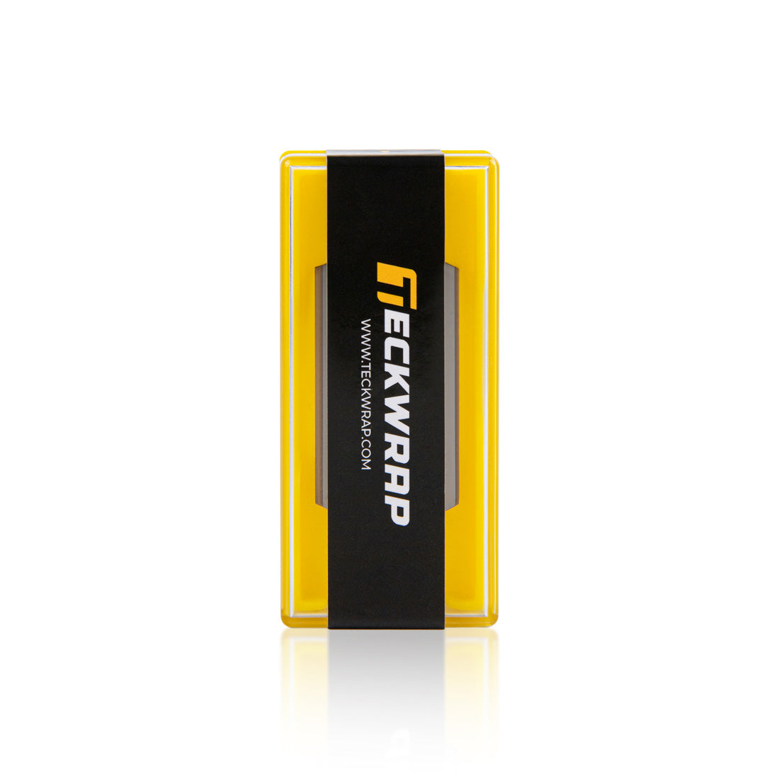 Front view of TeckWrap Custom Round Corner Blades 3-Hole case in yellow and black packaging