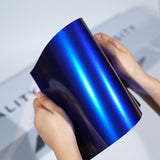TeckWrap A5 Chameleon Special Effect Color Paint Protection Film sample in deep blue with bright cyan metallic shift