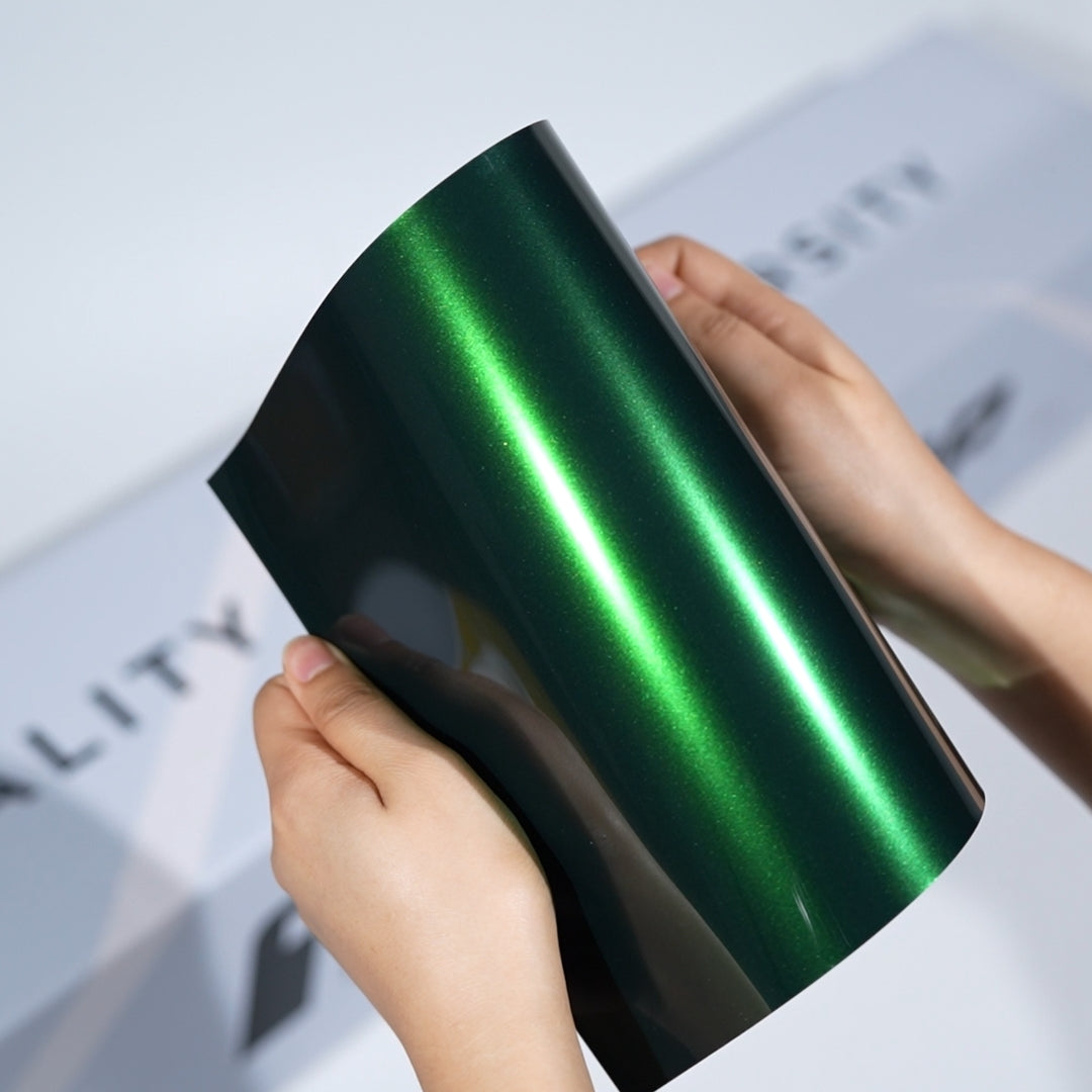 TeckWrap A5 Chameleon Special Effect Color PPF sample showing dark green base with vivid emerald light reflection
