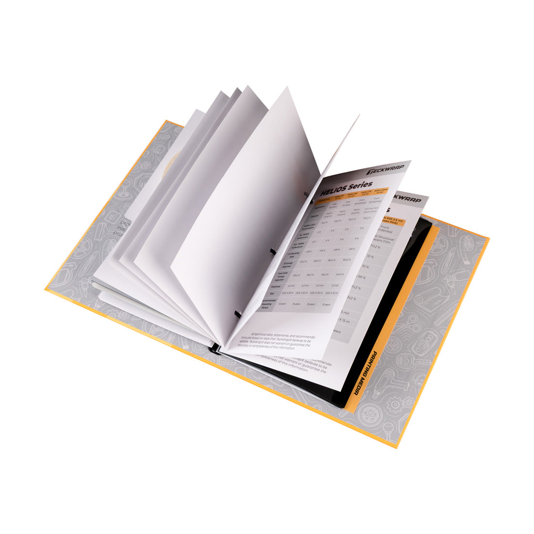 Open TeckWrap sample book with clear film sheets, specification pages, and window tint film tabs