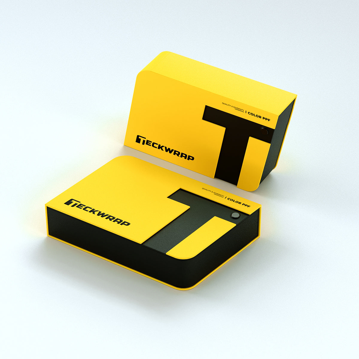 Two TeckWrap Color Paint Protection Film Swatch 2025 cases displayed in yellow and black packaging