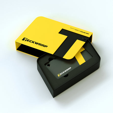 Open TeckWrap Color Paint Protection Film Swatch 2025 case showing black inner tray and sample cards
