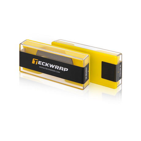 Two TeckWrap custom blade storage cases showing clear yellow design and black branded wrap