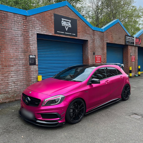 Mercedes A45 AMG wrapped in TeckWrap Satin Hot Pink vinyl (VCH404-S), front three-quarter view