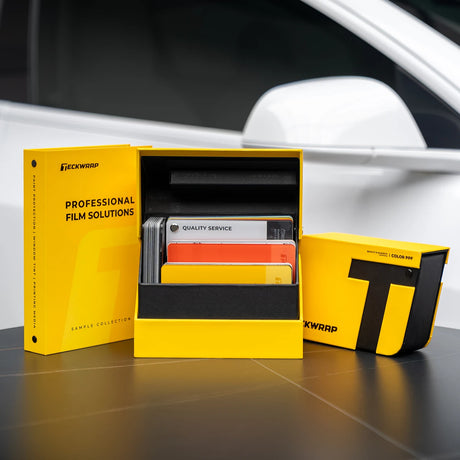Open TeckWrap Swatches 2025 Set box with stacked color sample cards and yellow branded storage case