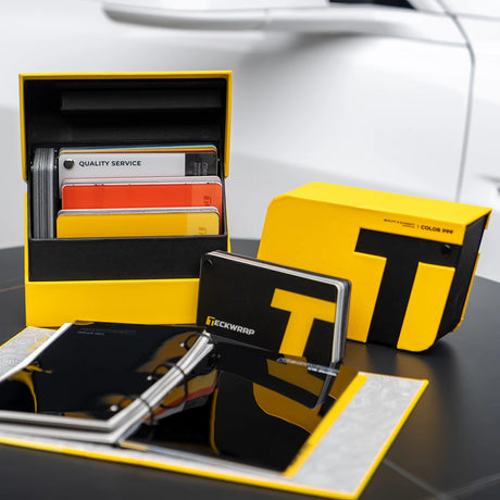TeckWrap Swatches 2025 Set with open swatch book, color PPF samples, and branded yellow display boxes