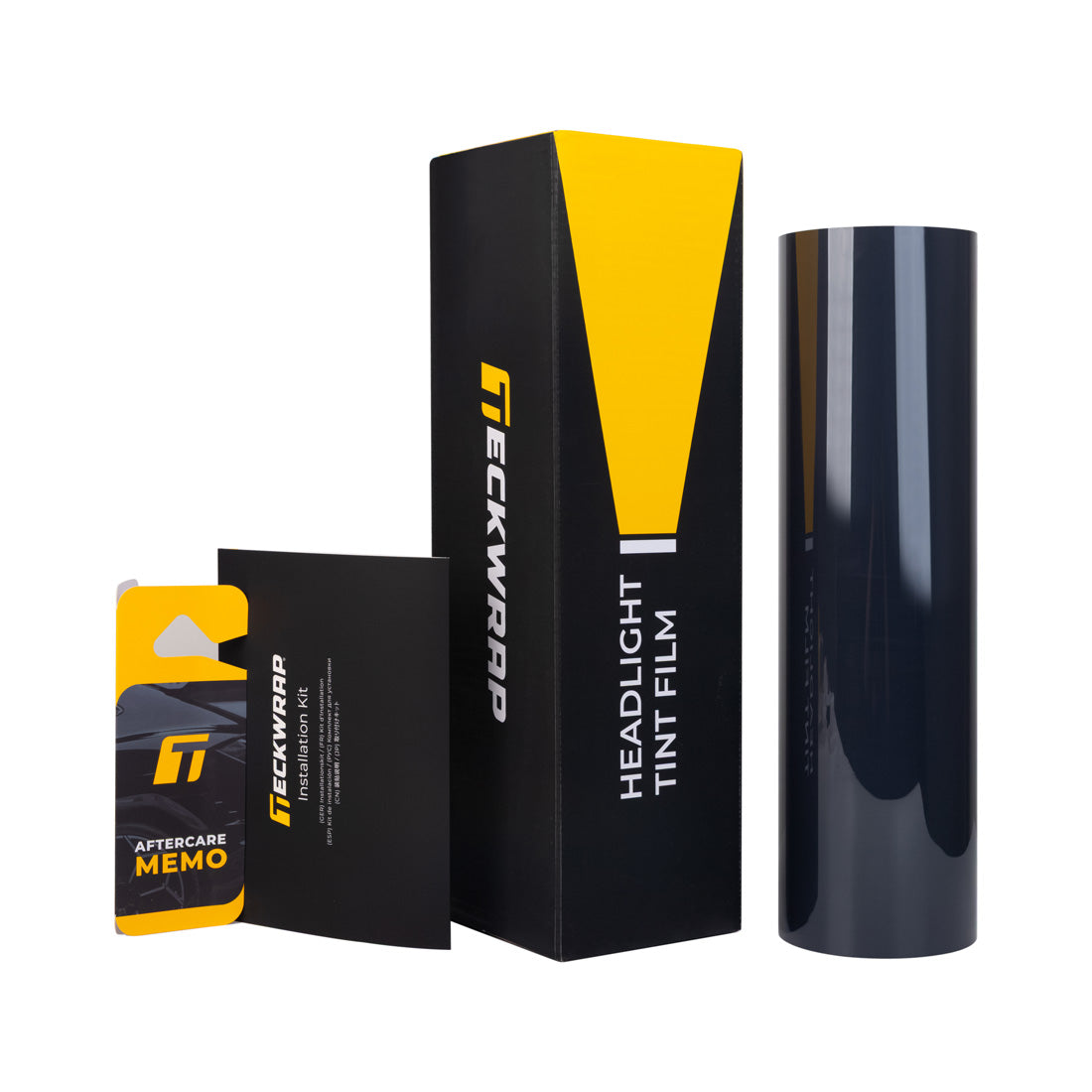 THL30 Lumex Headlight and Taillight Tint PPF displayed with TeckWrap packaging, installation kit, and aftercare memo